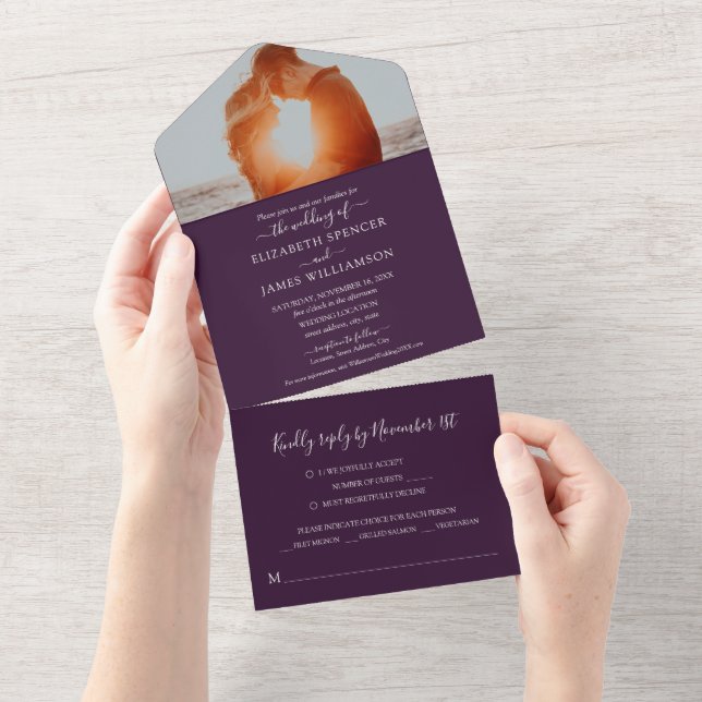 Invitation Tout En Un Mariage photo simple et élégant RSVP violet (Déchirure)