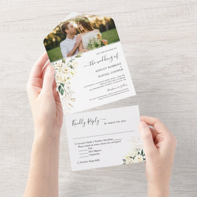 Invitation Tout En Un Mariage Photo Vert ivoire Blanc Or Floral (Déchirure)