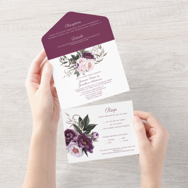 Invitation Tout En Un Mariage Plum violet Pink Peonies (Déchirure)