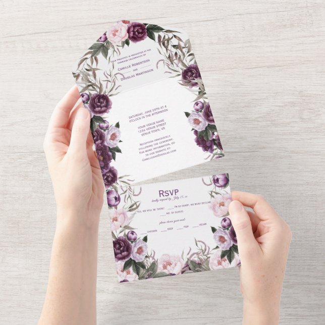 Invitation Tout En Un Mariage Plum violet Pink Peonies | (Déchirure)
