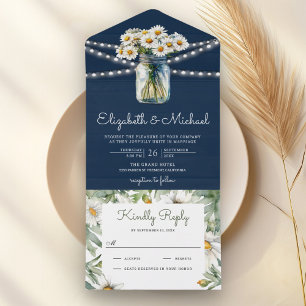 Invitation Tout En Un Mariage Pot Mason Fleurs de Marguerites en Bois Bl