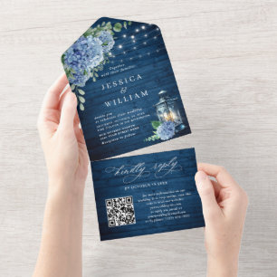 Invitation Tout En Un Mariage QR bleu Hydrangea Lantern Wood