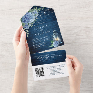 Invitation Tout En Un Mariage QR bleu Hydrangea Lantern Wood
