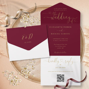 Invitation Tout En Un Mariage QR Code Coeurs Script Or et Bourgogne