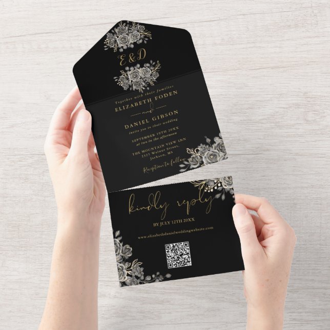 Invitation Tout En Un Mariage QR Code Monogramme Noir et Or Gothique (Déchirure)