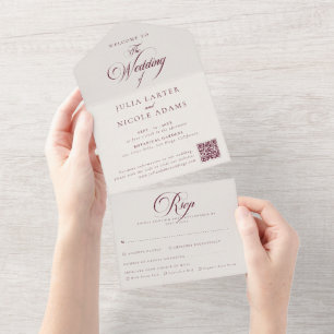 Invitation Tout En Un Mariage QRCode Calligraphie Bourgogne Ivoire Class