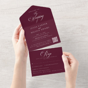 Invitation Tout En Un Mariage QRCode Calligraphie Bourgogne Ivoire Class
