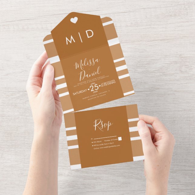 Invitation Tout En Un Mariage Rayures Cœurs Tons Chauds  (Déchirure)