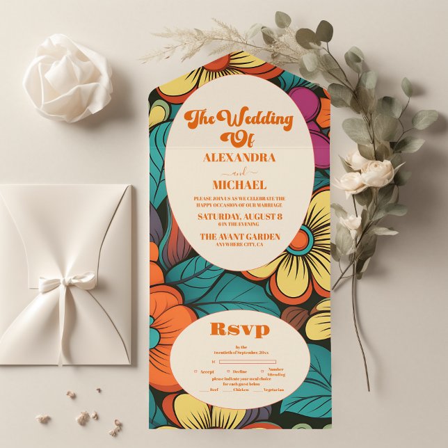 Invitation Tout En Un Mariage Rétro des Années 1970 (Créateur téléchargé)