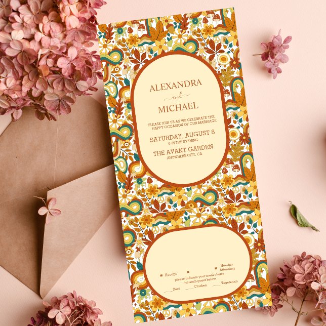 Invitation Tout En Un Mariage Rétro Groovy Années 70 aux Tons Assourdis (Créateur téléchargé)