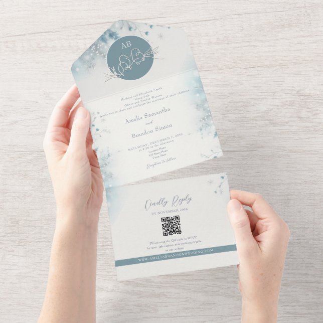 Invitation Tout En Un Mariage romantique Dusty Blue d'hiver (Déchirure)