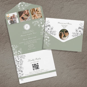 Invitation Tout En Un Mariage romantique floral vert sauge