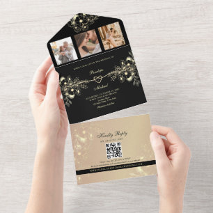 Invitation Tout En Un Mariage Romantique Noir et Or