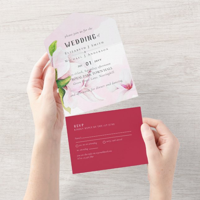 Invitation Tout En Un Mariage Rose 3in1 rose Magnolia RSVP (Déchirure)