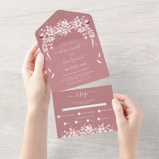 Invitation Tout En Un Mariage rose blanc en cascade fleuri (Déchirure)