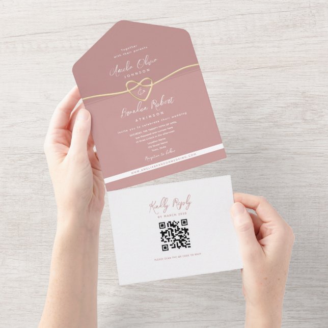 Invitation Tout En Un Mariage Rose Dusty Code QR (Déchirure)