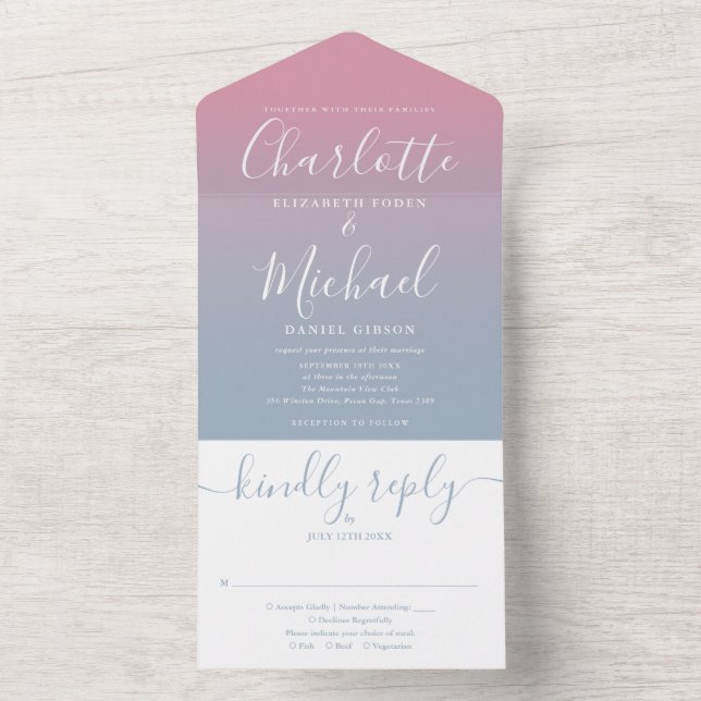 Invitation Tout En Un Mariage rose et bleu poussiéreux ombré élégant scr (À l'intérieur)