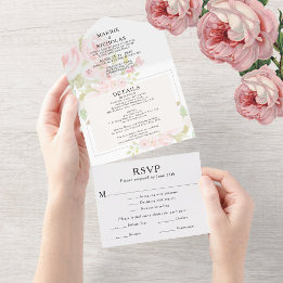 Invitation Tout En Un Mariage Rose Florale Aquarelle Rose Pâle Poussiére