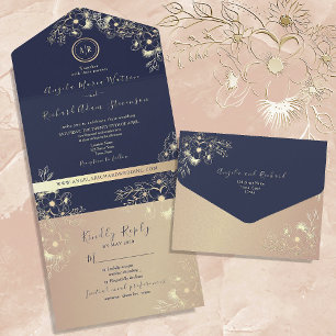 Invitation Tout En Un Mariage Rose Gold et Bleu Nuit