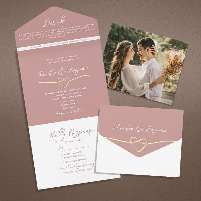 Invitation Tout En Un Mariage Rose minimaliste Dusty (Créateur téléchargé)