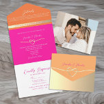 Invitation Tout En Un Mariage rose orange rétro<br><div class="desc">Entrez dans un romantisme éclatant avec cette faire-part de mariage rétro moderne tout-en-un, dotée d'une palette audacieuse et animée d'orange vif et de rose. Un faux coeur de cordes d'or ajoute une touche d'élégance intemporelle, tandis que le dos comprend une photo personnalisée du couple, des détails mariages et RSVP pour...</div>