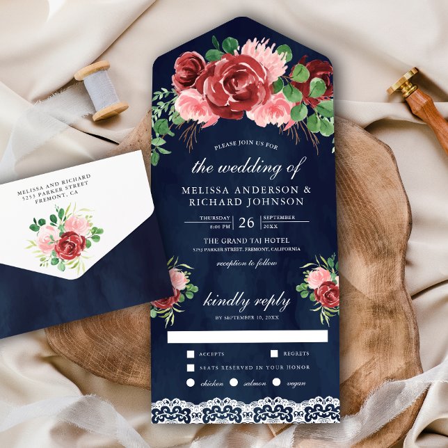 Invitation Tout En Un Mariage Rose Pâle Bourgogne Floral Dentelle Bleu N (Créateur téléchargé)