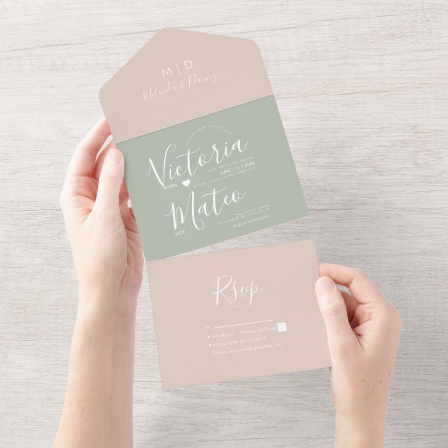 Invitation Tout En Un Mariage Rose Pâle Sage Écriture Moderne  (Déchirure)