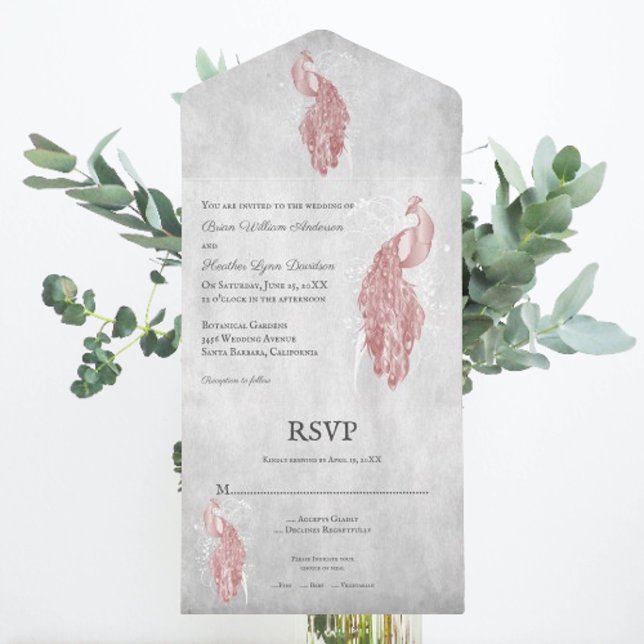 Invitation Tout En Un Mariage rose Peacock (Pink Peacock All in One Wedding Invite)
