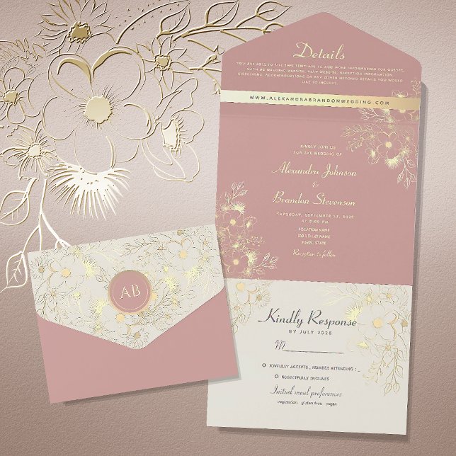 Invitation Tout En Un Mariage Rose Poussiéreuse Florale (Créateur téléchargé)