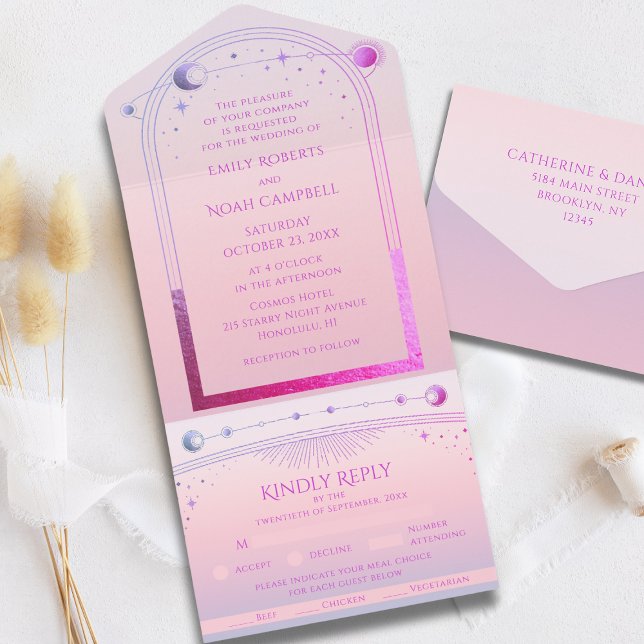 Invitation Tout En Un Mariage Rose Soleil Lune Étoile Céleste Coucher de (Créateur téléchargé)