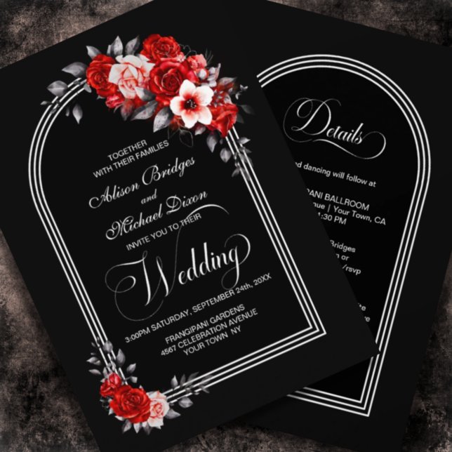 Invitation Tout en un Mariage rouge Floral noir (Créateur téléchargé)