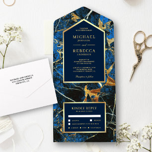 Invitation Tout En Un Mariage Royal Bleu Marbre Faux Papier D'Or