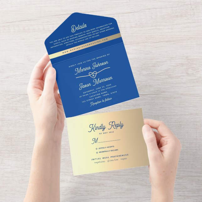Invitation Tout En Un Mariage Royal Bleu Or (Déchirure)