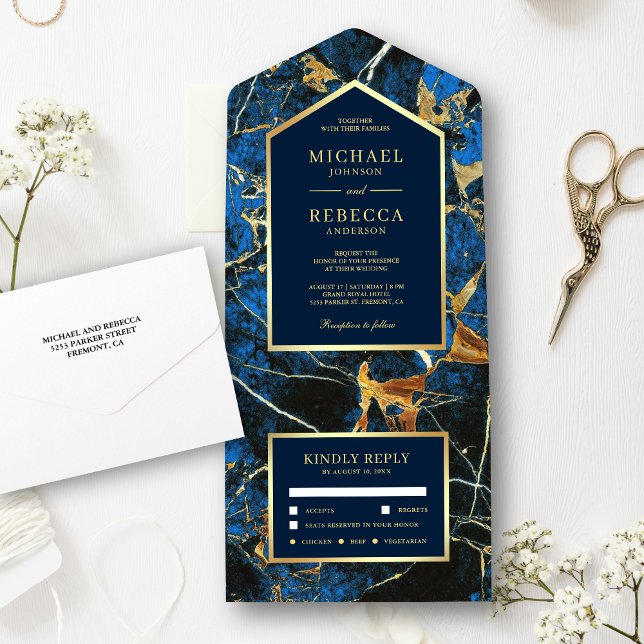 Invitation Tout En Un Mariage Royal Blue Marble Faux Gold Foil (Créateur téléchargé)