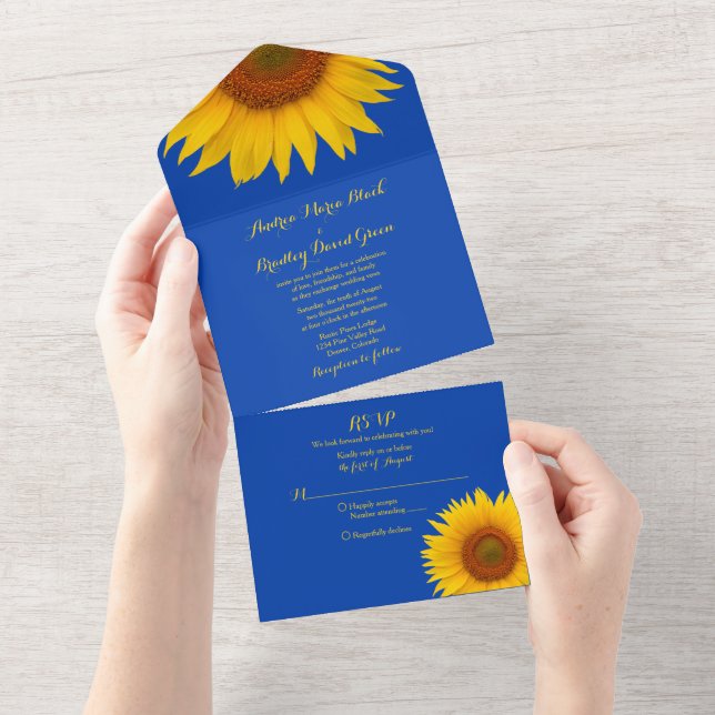 Invitation Tout En Un Mariage Royal Blue Yellow Sunflower RSVP (Déchirure)