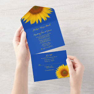 Invitation Tout En Un Mariage Royal Blue Yellow Sunflower RSVP