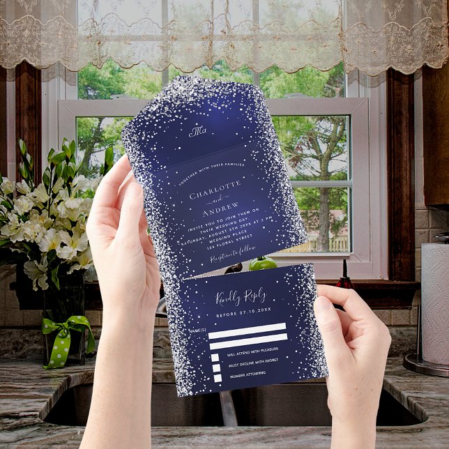 Invitation Tout En Un Mariage rsvp bleu marine (Créateur téléchargé)