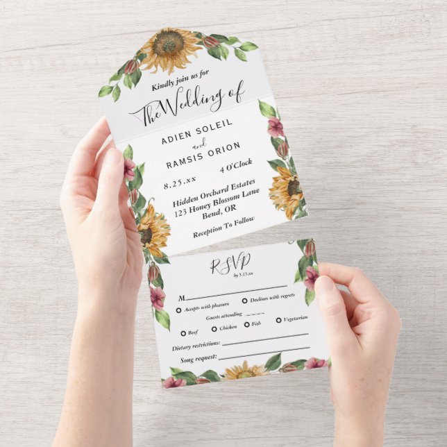 Invitation Tout En Un Mariage RSVP Boho Sunflower Complet (Déchirure)