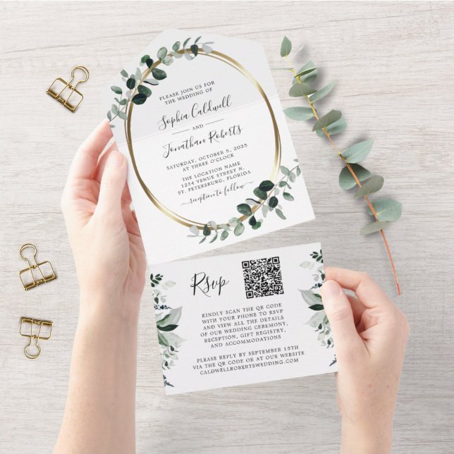 Invitation Tout En Un Mariage RSVP Eucalyptus Gold QR (Créateur téléchargé)