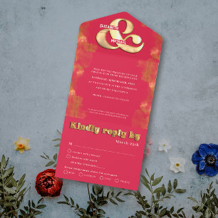 Invitation Tout En Un Mariage RSVP Gras Élégant Or Et Rose Magenta