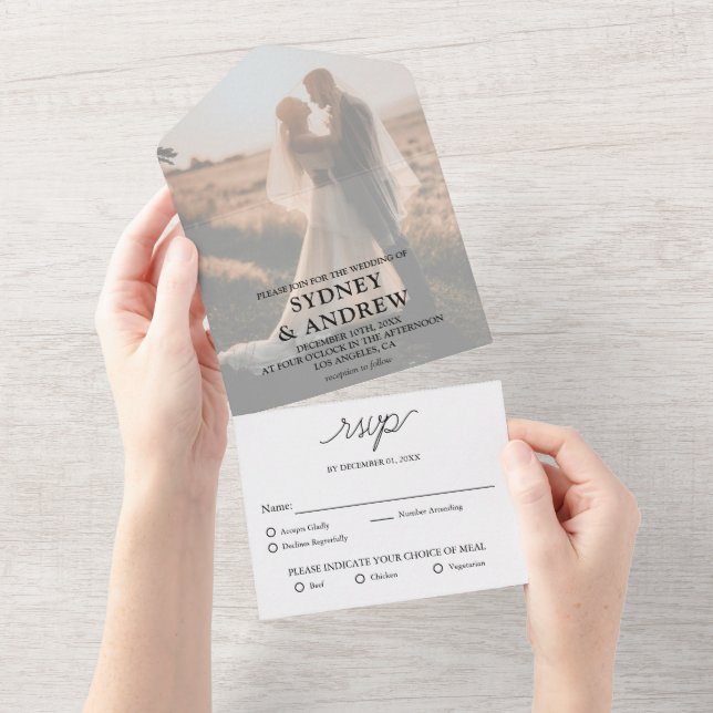 Invitation Tout En Un Mariage RSVP photo blanc élégant moderne (Déchirure)