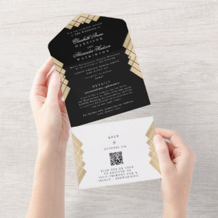 Invitation Tout En Un Mariage RSVP Premium Onyx Gold Gatsby QR CODE