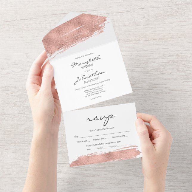 Invitation Tout En Un Mariage RSVP Rose moderne Gold Brusch (Déchirure)