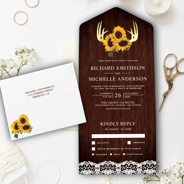 Invitation Tout En Un Mariage Russe Sunflower Gold Deer Antlers (Créateur téléchargé)