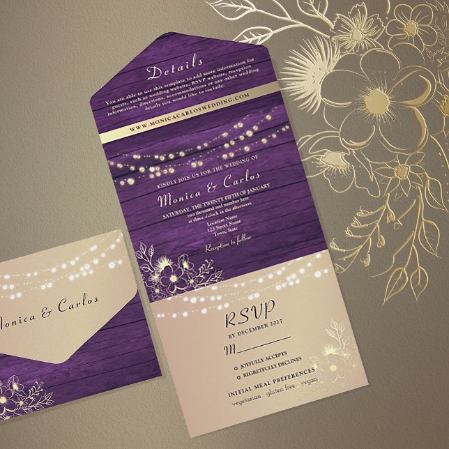 Invitation Tout En Un Mariage Rustique à chaîne violet (Créateur téléchargé)