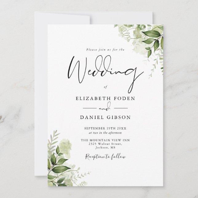 Invitation Tout En Un Mariage Rustique à Feuillage Vert (Devant)