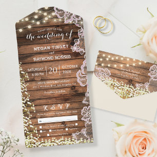 Invitation Tout En Un Mariage rustique avec guirlande de bébé et lumière