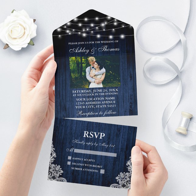 Invitation Tout En Un Mariage rustique Bleu Chaîne Lumière Dentelle Phot (All In One Wedding Invitation with tear off RSVP Card)