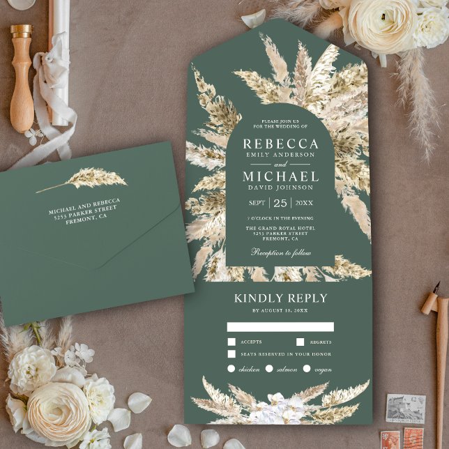 Invitation Tout En Un Mariage Rustique Boho Arc de Gazon de Pampa Vert S (Créateur téléchargé)