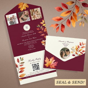 Invitation Tout En Un Mariage rustique boho bordeaux d'automne